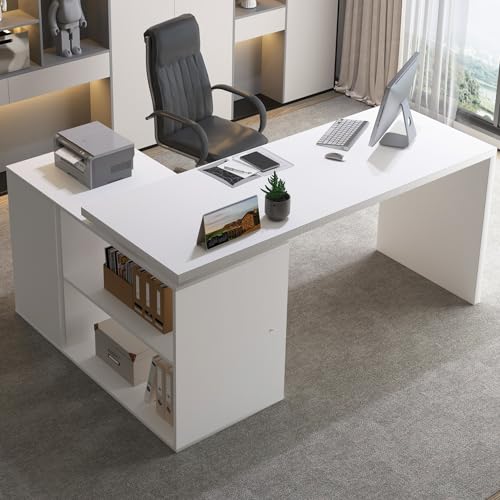 HSH White L-Shaped Computer Desk with 3 Drawers and 2 Shelves, Reversible Home Office Corner Desk for Writing Study Work Executive, 55 Inch Bedroom Wood Table Workstation Desk with Storage Cabinet HSH