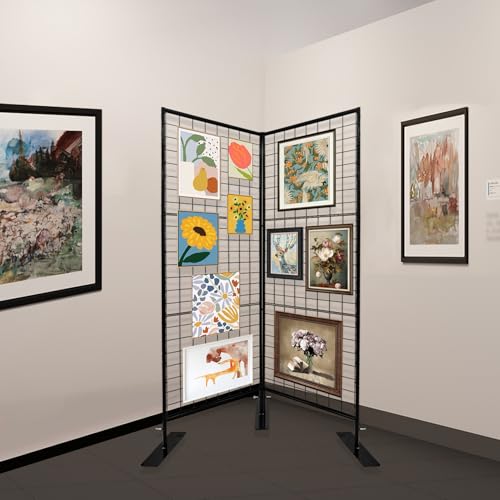Room Divider Freestanding Gridwall, 2 Panel Folding Display Board Organizer with Base Feet, Privacy Screens Portable Freestanding Display Board Wire for Craft Shows Events Retail NEESEEYEE