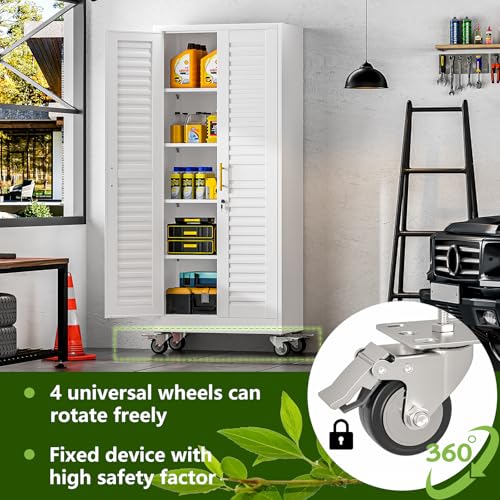 Tokawa 71’’H Metal Garage Storage Cabinet with Wheels, Metal Storage Cabinet with Louvered Doors, Rolling Tool Cabinet with Adjustable Shelves, Large Utility Cabinet for Office,Garage,Kitchen(White) Tokawa