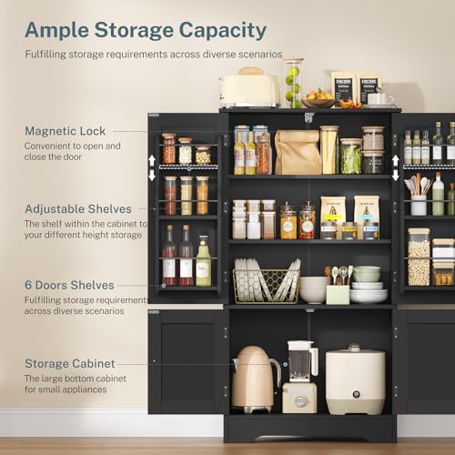TEENFON Storage Cabinet with 4 Doors, Kitchen Cabinet with 6 Door Shelves, Kitchen Pantry for Living Room, Dining Room, Bathroom, Black TEENFON