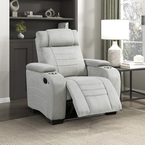 Lexicon Wall Hugger Manual Reclining Chair, Microfiber Manual Recliner with Cup Holders/Hidden Arm Storage/LED Base Lighting, Home Theater Seating for Living Room, Light Gray