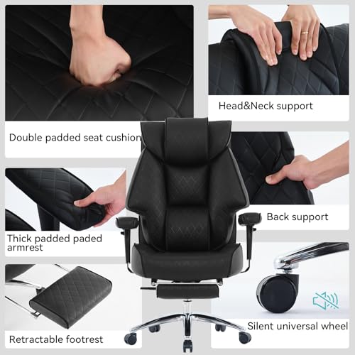 EXCEBET Big and Tall Office Chair with Footrest, PU Leather High Back Executive Office Chair 400lbs, Ergonomic Computer Chairs Lumbar Support for Heavy People (All Black) EXCEBET