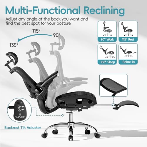 Alllion Ergonomic Mesh Office Chair, Home Desk Chair Comfy High Back with Adjustable Lumbar Support, 3D Headrest, Flip-up Arms, Big and Tall Reclining Computer Gaming Chairs for Men Women, Black Alllion