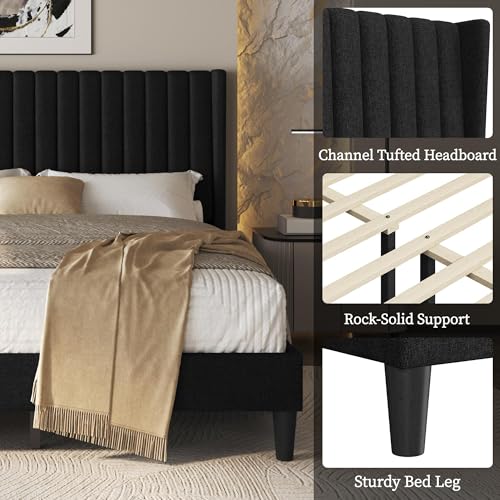 Yaheetech Queen Bed Frame Upholstered Platform Bed with Fabric Headboard, Wing Edge Design/Non-Slip and Noise-Free/Wooden Slats Support/No Box Spring Needed/Easy Assembly, Black Queen Bed Yaheetech