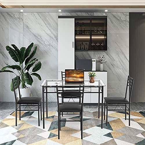 Tangkula Dining Table Set, 5 Pieces Dining Set with Tempered Glass Top Table and 4 Chairs, Kitchen Dining Room Furniture, Black Tangkula