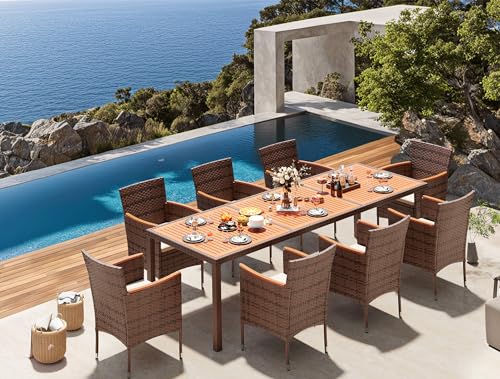 Devoko Outdoor Patio Dining Sets 9 Pieces Wicker Outdoor Dining Table and Chairs Set with Acacia Wood Table Top and Widened Armrests for Backyard, Garden, Deck (Brown) Devoko