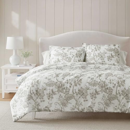 Martha Stewart - Queen Comforter Set, Smooth Sateen Front with Subtle Sheen & Lightweight Cotton Percale Reverse, 3 Piece Bed Set with Matching Pillowcases (Avery Floral Grey) Martha Stewart