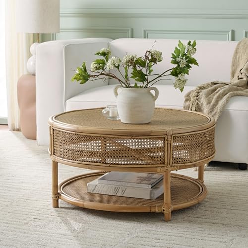 SAFAVIEH Home Collection - Arvid Honey Brown Wash Rattan Coffee Table, Round Boho Coastal Design, Fully Assembled (COF6512B)