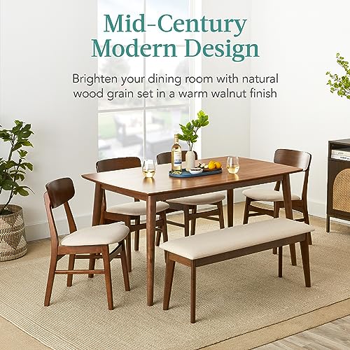 Best Choice Products 6-Piece Wooden Dining Set, Mid-Century Modern Table & Upholstered Chair Set w/Bench Seat, Rubberwood Legs - Walnut/Cream Best Choice Products