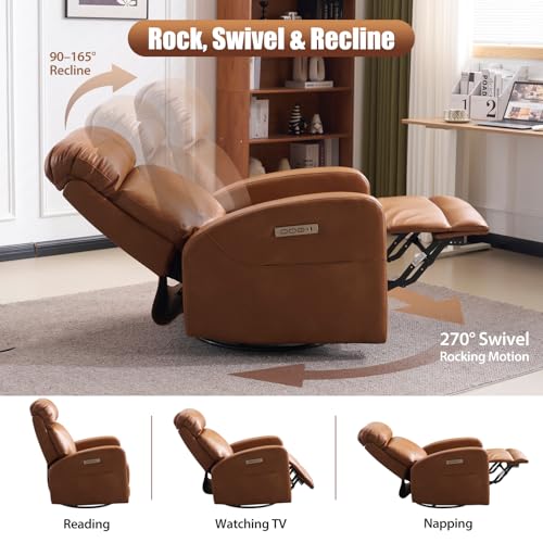 Lynkron Breathable Air Leather Power Swivel Rocker Recliner, 2-Zone Electric Adjustment (Headrest Independent, Back & Footrest Linked), 270° Swivel, 8-Mode Massage & Heat, USB/Type-C, Side Pocket