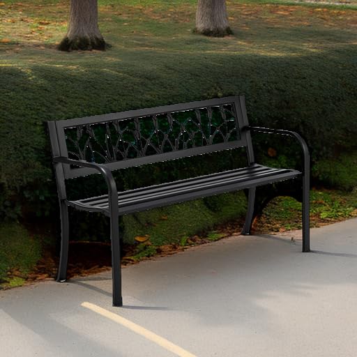 AVAWING Outdoor Bench, 2-Person Garden Benches for Outside, Metal Frame Patio Seating with Floral Pattern Backrest, Armrests for Lawn, Park, Porch, Entryway, Black AVAWING