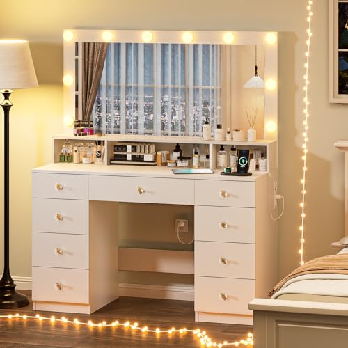 DDONGMM White Vanity with Lighted Mirror, Makeup Vanity Desk with Power Outlet, 9 Drawers & Shelf Storage, 43.3” Large Vanity Desk, Women Girls Vanity Dressing Table for Bedroom Bathroom DDONGMM