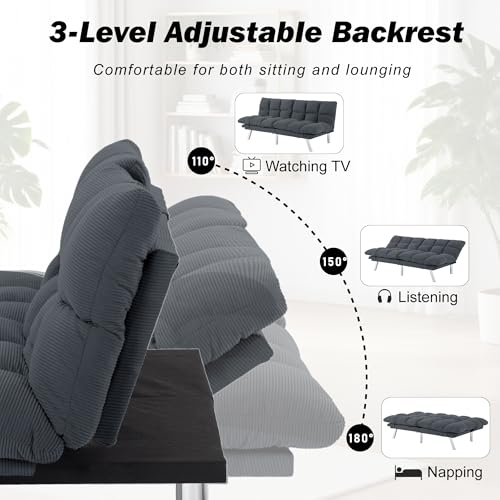 Modern Corduroy Sofa Bed Futon,Convertible Sleeper Bed Couch with 4 Reclining Backrest &Armrest,68" Comfy Cloud Sofa Loveseat for Small Living Room Office (Grey) Anwick