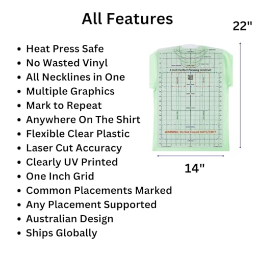 CLPA T-Shirt Ruler Guide — Full Shirt Placement | Heat-Safe to 320°F | Shirt Alignment Tool for Heat Press | HTV, DTF and Embroidery | All Sizes and Necklines | Made in Australia CLPA