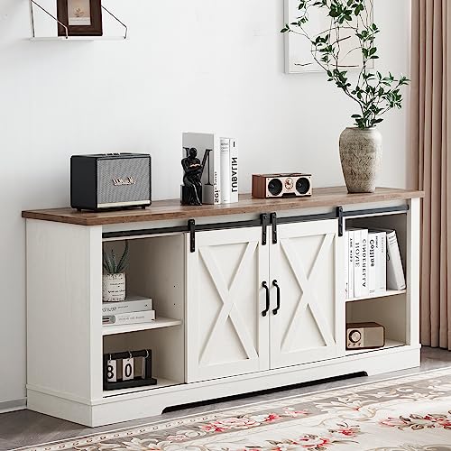 AMERLIFE 4-Piece Farmhouse Table Set Includes Sliding Barn Door TV Stand, Coffee Table& Two End Tables, Side Table with Charging Station and USB Ports, for Living Room, Bedroom, Distressed White, 66" AMERLIFE