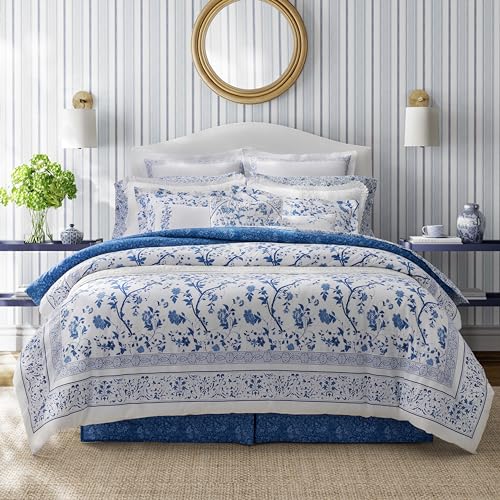 Laura Ashley - Full Comforter Set, Soft & Reversible Cotton Bed Set, 4 Piece Floral Bedding with Matching Pillowcases & Bonus Bed Skirt (Charlotte Blue) Laura Ashley