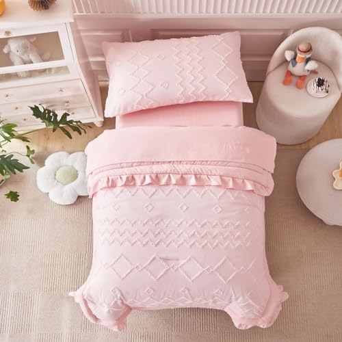 AIKASY Toddler Bedding Set 4 Pieces Super Soft Comforter Set, Shabby Boho Bohemian Design for Boys and Girls(Ruffle Fringe Comforter, Flat Sheet, Fitted Sheet and Pillowcase)- Coral Pink AIKASY