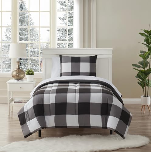 5 Piece Comforter Set Bed in a Bag Buffalo Check Christmas Print All Season Soft Down Alternative Bedding Comforter Set & Luxurious White Microfiber Bed Sheets, Twin, Buffalo Plaid Black/White Sweet Home Collection