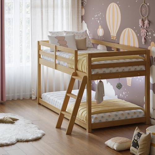 Vantic Low Bunk Bed with Guardrail and LED Light, Floor Toddler Bunk Bed Twin Over Twin with Wide Stairs, Convertible Soild Wooden Loft Bed for Kids with 6 Hooks, Space-Saving, Natural Wood Vantic
