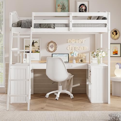 Merax Twin Size Loft Bed with Desk, Wooden Loft Bed Frame with Drawers, Cabinet, Shelves, and Desk, No Box Spring Needed, White Merax