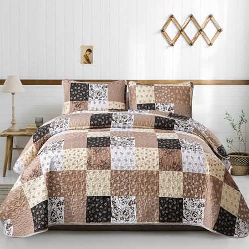Mybedsoul Brown Quilt Set Twin Size, 2 Pieces Plaid Floral Bedspread Set Patchwork Reversible Bedding Set Microfiber Lightweight Bedspread Coverlet Set for All Season 68"x86" Mybedsoul