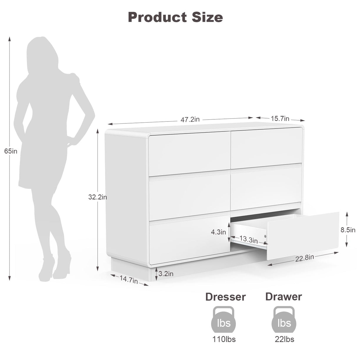 OTUTUMUS 6 Drawers Double Dresser, White Modern Chest of Drawer, Curved Edged Wood Dresser for Bedroom Living Room, Closet, Office, Hallway OTUTUMUS