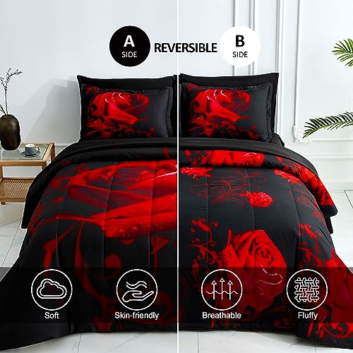 WONGS BEDDING Red Comforter Set Cal King, Reversible Red Rose 7 Pieces Bed in a Bag, Lightweight Soft Microfiber Bedding Sets with Comforter, Flat Sheet, Fitted Sheet, Pillowcases & Shams WONGS BEDDING