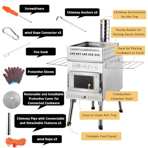 WillowyBe Outdoor Sauna Hot Tent Stove, Rocket Stove Heater, Portable Camping Wood Stove for Dry Sauna, Cooking for Husband and Friends WILLOWYBE