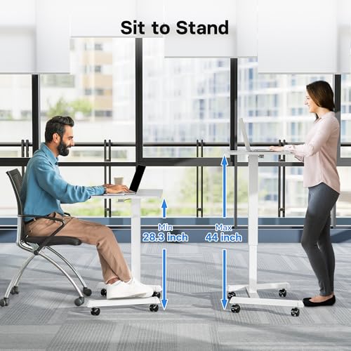 BONTEC Mobile Standing Desk Adjustable Height, Rolling Laptop Cart with Hook, Portable Workstation with Pneumatic Lift, Ergonomic Table with Wheels, Compact Home Office Desk, White 25.6" x 17.7" BONTEC