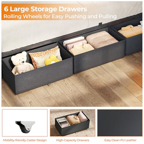 OURPIC Queen Bed Frame, 2-Tier Storage Headboard & 6 Drawers, PU Leather Upholstered Queen Size Platform Bed with Charging Station and LED Lights, No Box Spring Needed, Noise Free OURPIC