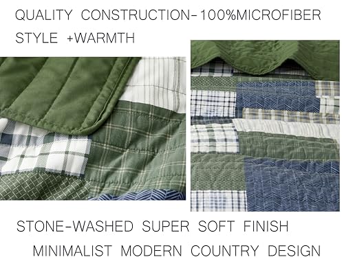 Chezmoi Collection Cedar 2-Piece Printed Patchwork Quilt Set, Green Navy Plaid Coverlet - Pre-Washed Microfiber Lightweight Bedspread for All Seasons, Twin Size Chezmoi Collection