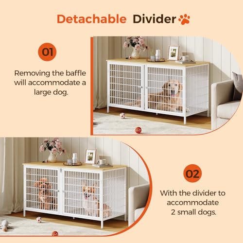 MAHANCRIS Dog Crate Furniture for 2 Dogs, 43.3" Dog Kennel with Removable Divider, Heavy Sturdy Dog Furniture Style Double Cage for Small Medium Dogs, Indoor Pet House End Table, Natural and White MAHANCRIS