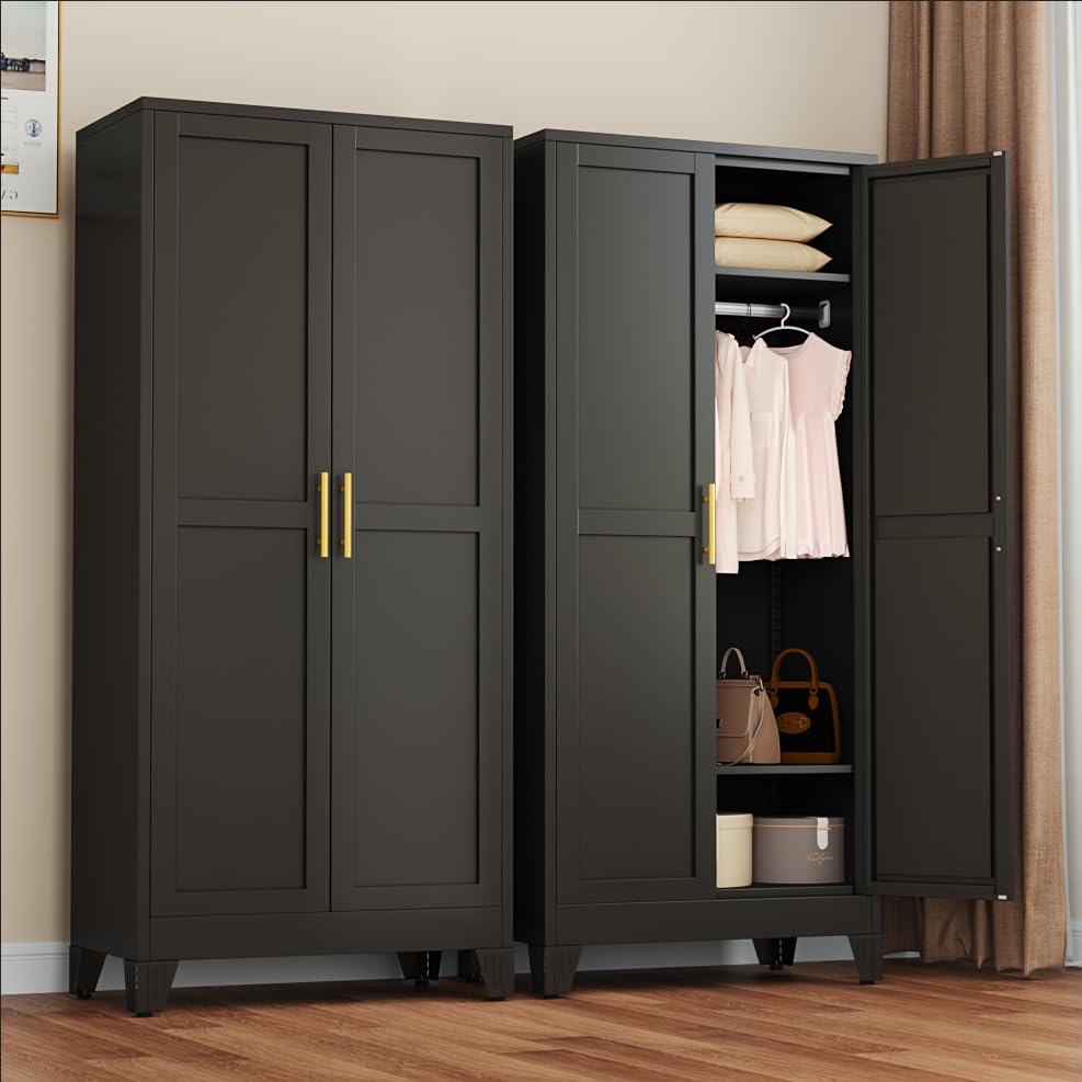 winiowa Metal Armoire Wardrobe Closet with 2 Doors, 71"' Wardrobe Cabinet with Adjustable Shelves and Hanging Rod, Clothing Storage Cabinet Closet for Bedroom-Black winiowa