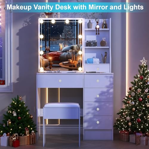 Teousev Small Vanity Desk with Mirror and Lights,White Vanity with 6 Drawers 6 Shelves 1 Chair,3 Lighting Colors Adjustable,31.5" L*14.2" W*51.2" H Teousev