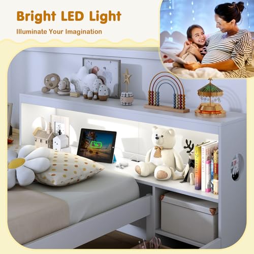 Giantex Wood Twin Bed Frame with Storage Drawer & Headboard, Modern Platform Bed with Charging Station & LED Light, Built-in Nightstand, Single Bed with Slats Support, Twin Bed Frames for Kids (White) Giantex