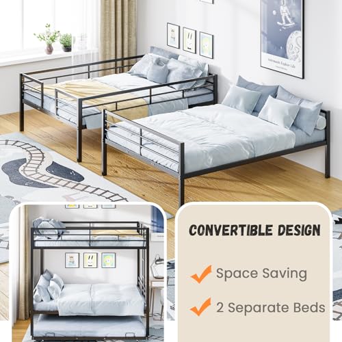 PVWIIK Queen Over Queen Metal Bunk Bed with Trundle for Kids,Heavy Duty Bunk Bed w/Ladder & Full Length Guardrail No Box Spring Needed,for Dorm,Bedroom,Guest Room, Black PVWIIK