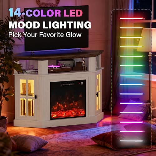 YESHOMY LED Corner Fireplace TV Stand with Mood Lighting, for TVs up to 55" with Storage Cabinets, Entertainment Center, Media Console for Living Room, Bedroom, White&Rustic YESHOMY