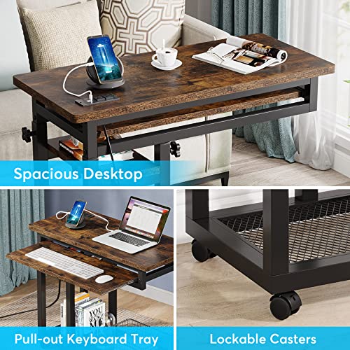 Tribesigns Small Portable Desk with Power Outlet, Height Adjustable Sofa Couch Bedside Laptop Table with Wheels, Mobile Standing Desk Rolling Computer Cart C Side Table with USB Ports Tribesigns