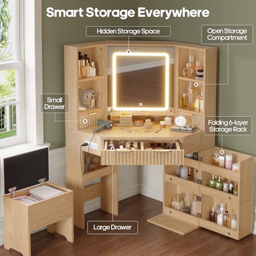 HAUOMS Fluted Corner Vanity Desk with Mirror Lights, Makeup Vanity with Charging Station, Drawers & Rotating Cabinets, Corner Vanity with Storage Bench, for Bedroom, Natural Wood HAUOMS