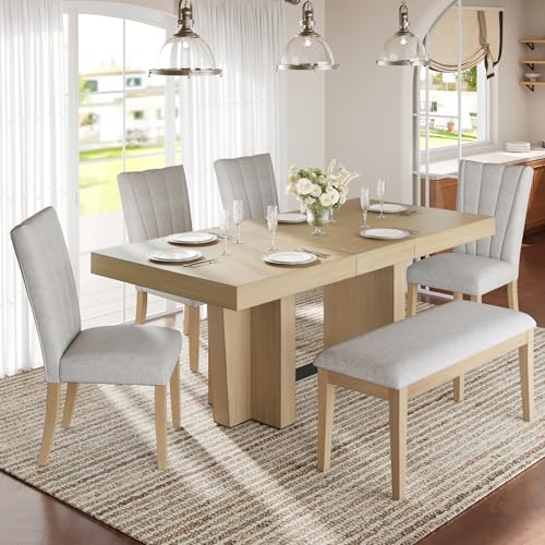 Merax Farmhouse Wooden Dining Set of 6, 78.1 Inch Extendable Kitchen Dining Table, Upholstered 4 Chairs with Backrest, Bench with Cushion, Easy Assemble, Natural Merax