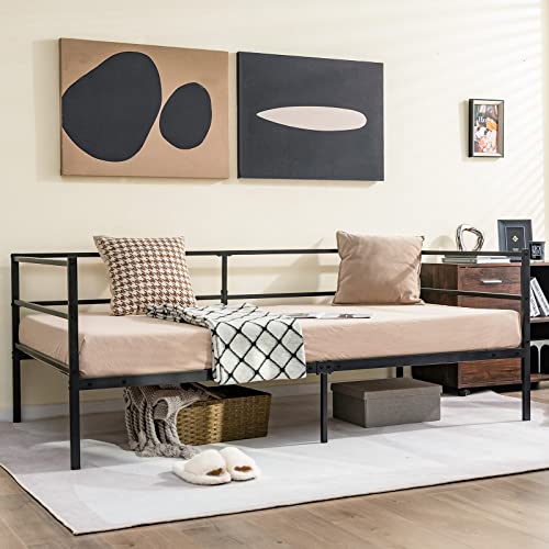 Giantex Metal Twin Daybed Frame, Day Bed with Metal Slat Support & 3-Sided Guardrails, 2-in-1 Space-Saving Sofa Bed for Living Room Guest Room, No Box Spring Needed, Black Giantex