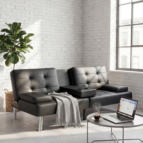 YESHOMY Modern Futon Sofa Bed, Convertible Futon Couch with Adjustable Backrest, Futon Loveseat Sleeper Sofa Bed with Armrest for Living Room, Small Spaces,PU Leather, Black YESHOMY