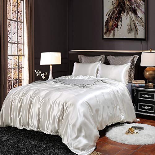 Erosebridal Hotel White Duvet Cover Full Silk Like Satin Bedding Set Reversible Quilt Comforter Cover Honeymoon Sexy Luxury Soft Lightweight Brushed Bedspreads for Farmhouse Room Decor Erosebridal
