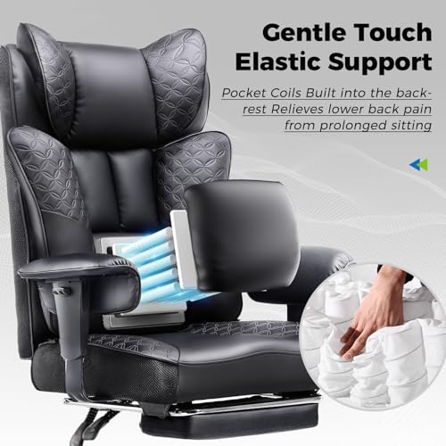 GTRACING Big and Tall Office Chair 400LBS Wide Ergonomic Gaming Chair with Deluxe Embossing Designed Leather with Foot Rest,150°Reclining Adjustable Soft Armrests Pocket Spring Back Support and Pillow GTRACING