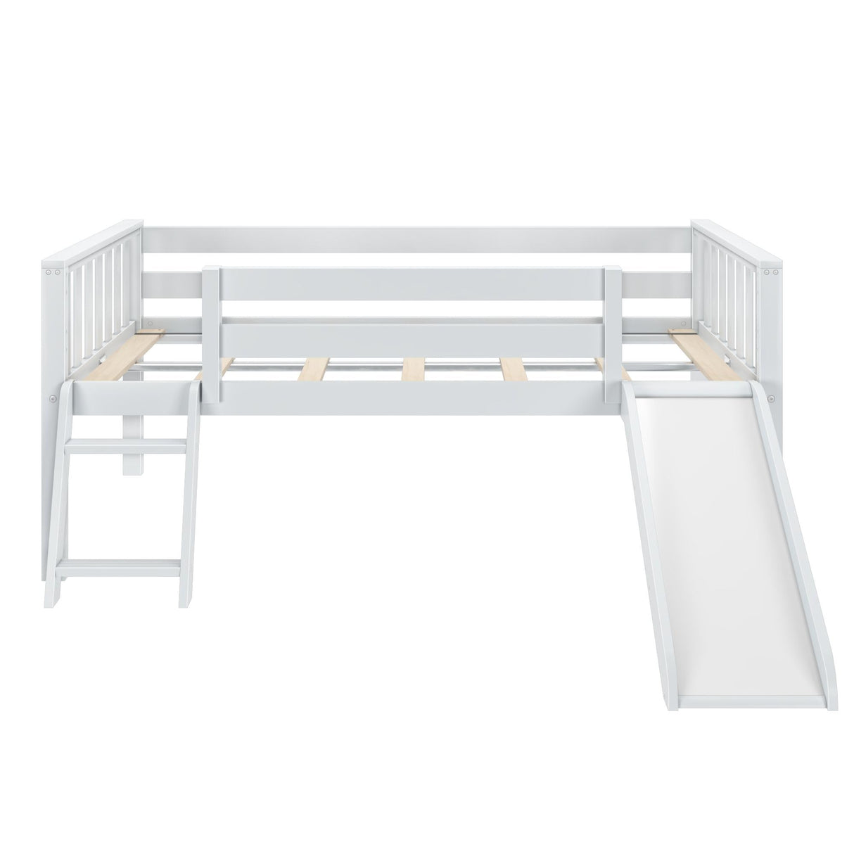 Max & Lily Twin Ultra Low Loft Bed with Slide and Climbing Ladder, Solid Wood Bed for Kids, Space Saving Design for Small Rooms, Twin Size Loft Bed with 14 Inch Guardrails, Anti Slip Steps, White Max & Lily