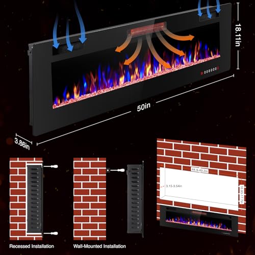 ZAFRO 50" Electric Fireplace with Remote Ultra-Thin & Quiet Wall-Mounted Recessed Heater, Adjustable 12-Color Flame, Brightness & Speed ZAFRO