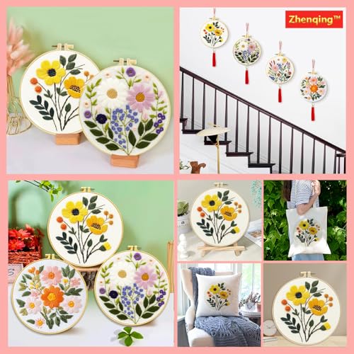 Zhenqing 3-Pack Floral Embroidery Kit for Beginners with Printed Patterns - Complete Embroidery Set with Hoop, Threads, Cotton Fabric & Tools for Home Decor (C0153)