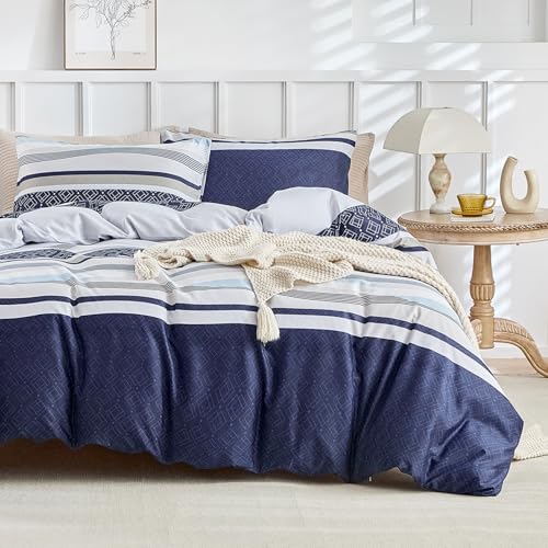 Lekesky Duvet Cover Full, 3 Pieces Blue Striped Duvet Cover Set Soft Bedding Aztec Comforter Cover Full Size with Hidden Zipper Corner Ties Lekesky