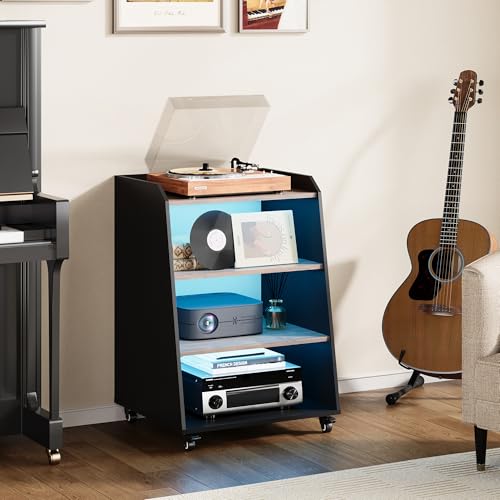 Rresyet 22.1" 4-Tier AV Media Stand with Wheels, Wooden Record Player Stand with LED Lights,Stereo Rack and Game Console Stand for Music Room, Living Room Rresyet