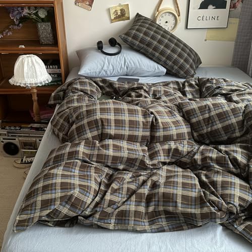 DONEUS Buffalo Plaid Duvet Cover Set 100% Washed Cotton Natural Linen Like Super Soft Comfy 3 Piece Brown Blue Gingham Checkered Bedding Set with Zipper Closure (Queen 90"x90", for All Seasons) DONEUS